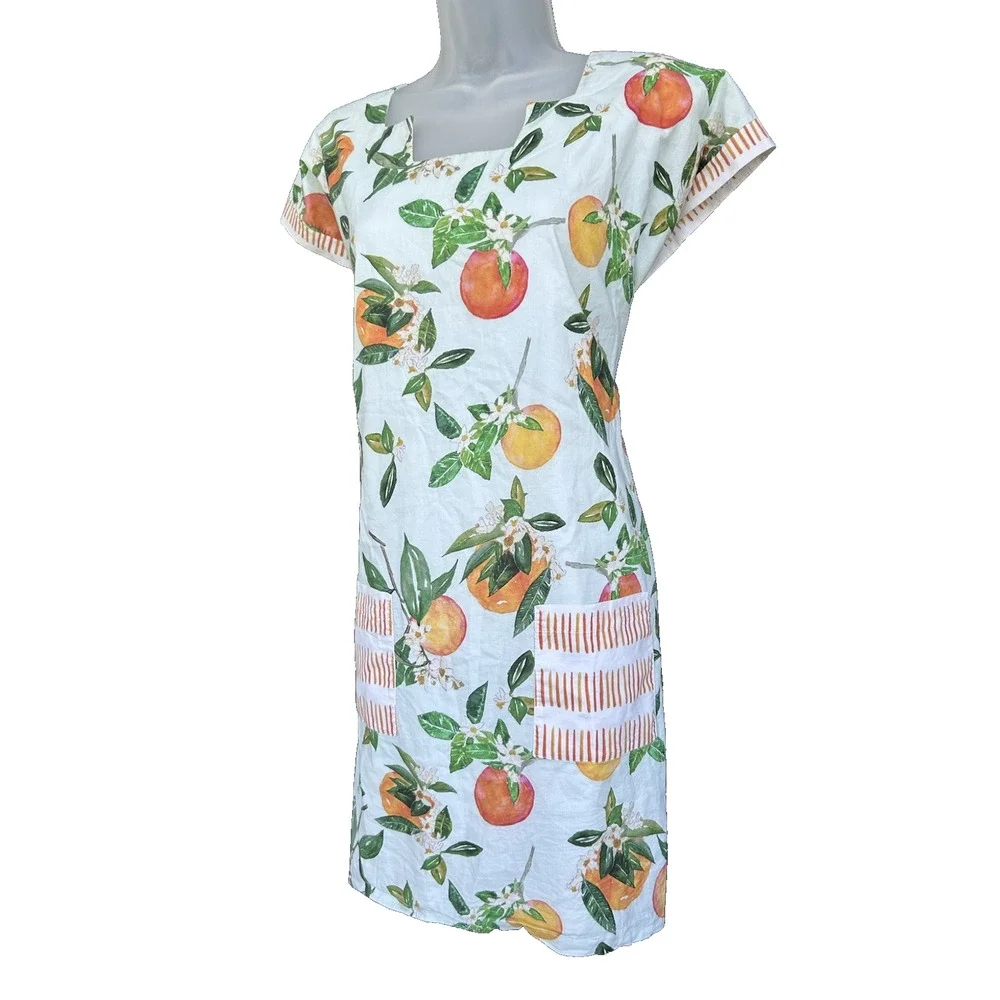 Brooke Wright Citrus Orange Print Shift Dress Size Large Cotton Pockets Resort